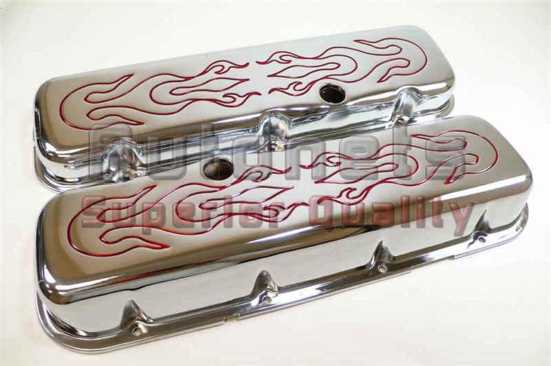 Chrome bbc chevy red flame valve cover 1965-95 short 396-502 street hot rat rod