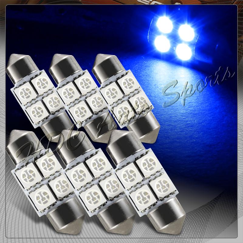 6x 31mm 4 smd blue led festoon dome map glove box trunk replacement light bulbs