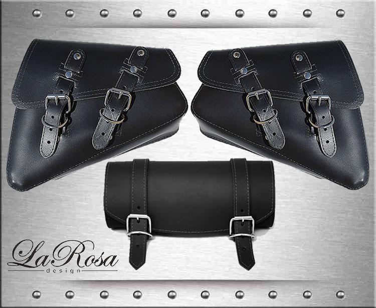 Larosa black leather left & right  sportster xl saddlebags + front fork bag set
