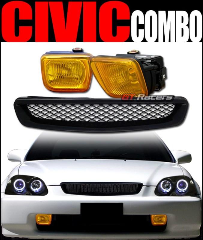 Blk t-r mesh front hood grill grille+bumper fog lights yellow 1996-1998 civic