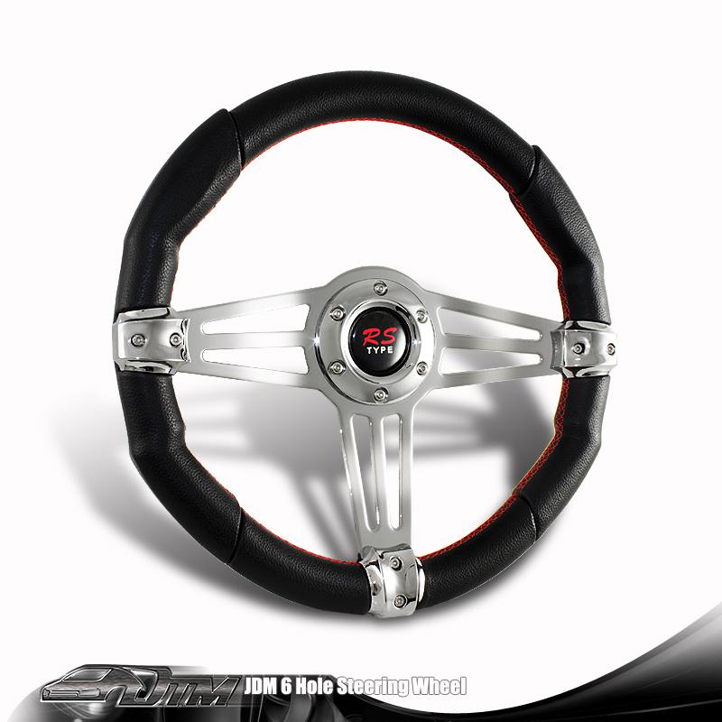Universal jdm 6 hole 320mm black pvc leather chrome steering wheel red stitches