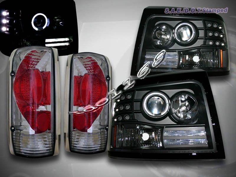 1992-96 ford bronco f150 projector headlights black halo led + tail lights smoke