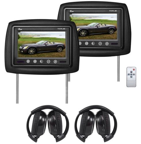 Pair of tview t721pl 7&#034; black car video headrest monitors + 2 wireless headsets