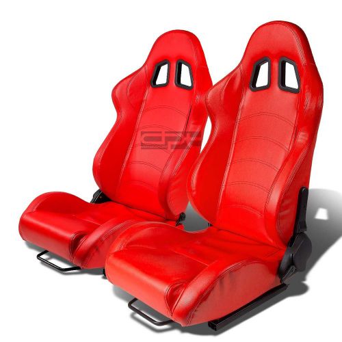 Red pvc leather reclinable sports racing seats+universal slider rails left+right