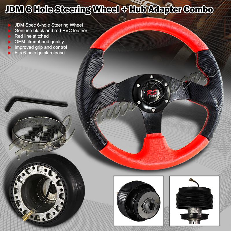 320mm jdm black & red pvc leather 6-hole steering wheel+civic/crx/integra hub