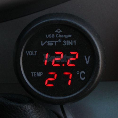 3in1 car 12v 24v red led digital voltmeter gauge, thermometer, usb car charger