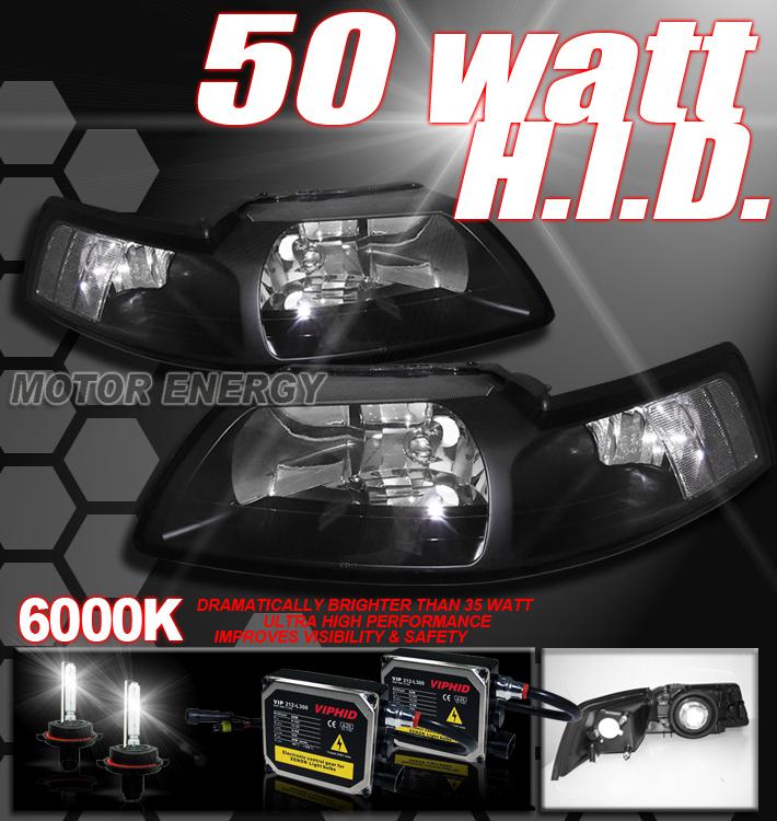 99-04 ford mustang black headlights lamps+50w 6000k hid