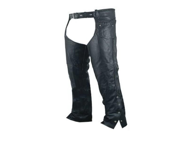 Mens black cow leather chaps braided biker motorcycle riding new