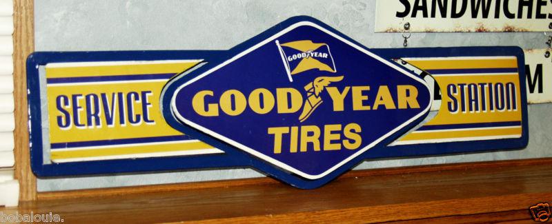Goodyear tires service station metal sign auto shop  motor oil can rack gas pump