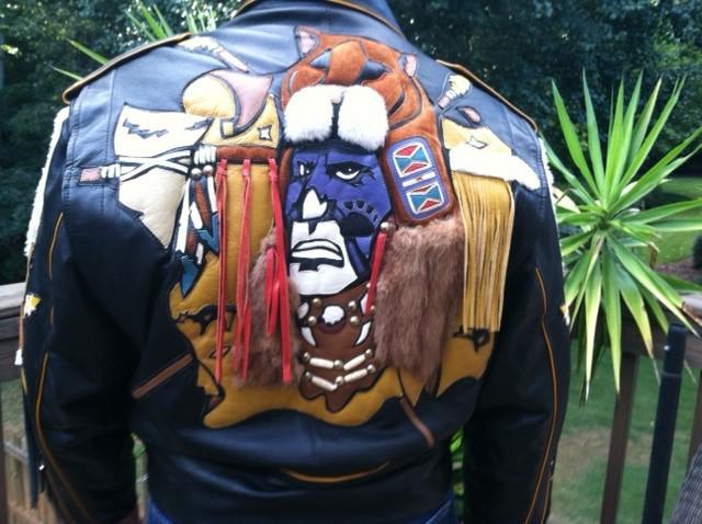 Black leather indian head motorcycle jacket