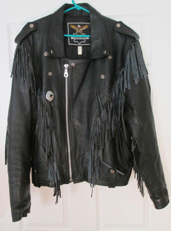 Genuine mens black leather motorcycle bikers jacket size 44 fringe zippers used
