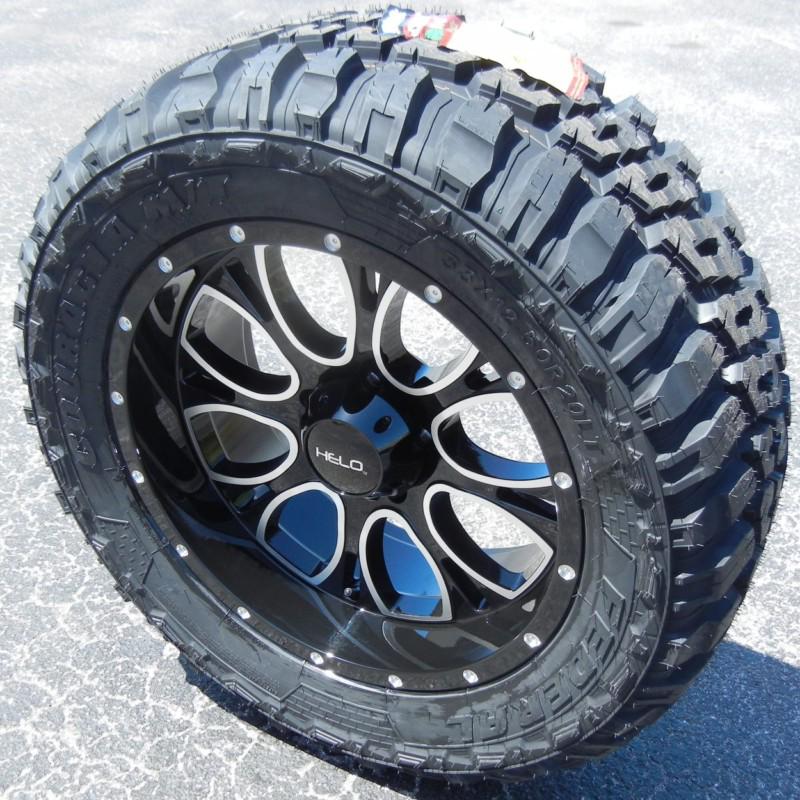 20" black helo 879 wheels rims federal couragia m/t tires chevy silverado sierra
