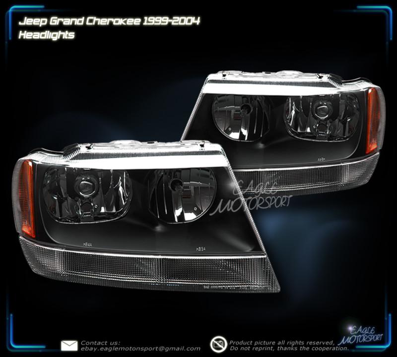 1999-2004 jeep grand cherokee crystal black blk headlights head lamps assembly