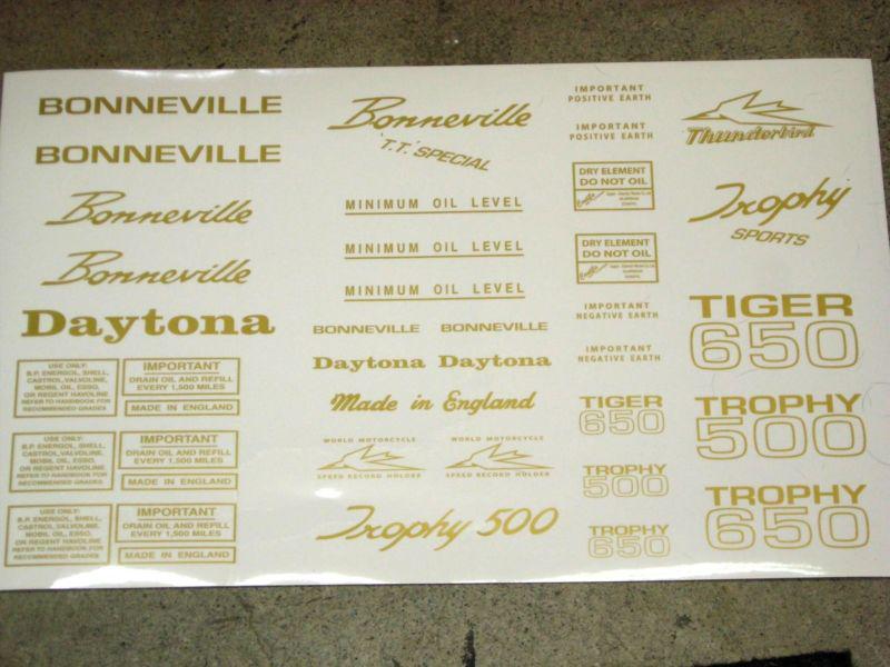 Triumph comprehensive decal sheet mylar screen gold decals 650 500 unit twin
