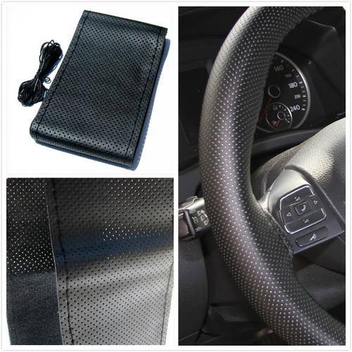 Dot pattern diy thread needle black pvc leather wrap new steering cover wra02c