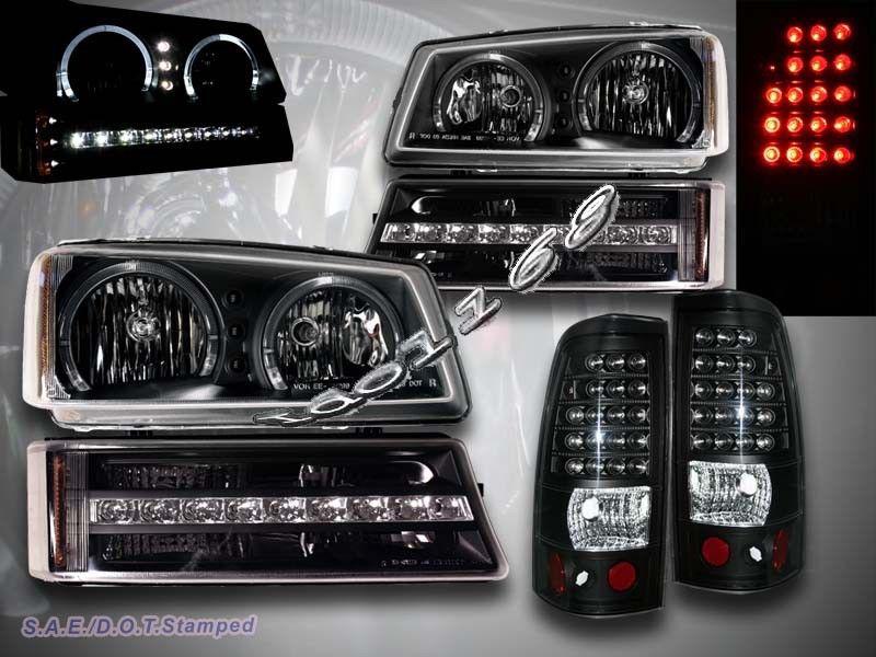 03-06 chevy silverado blk halo headlights led+led bumper blk+led tail lights blk