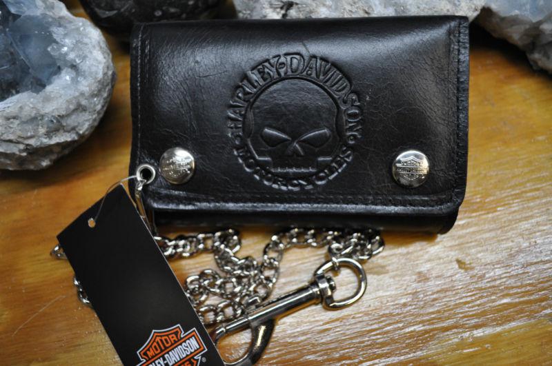 Harley-davidson lg skull tri-fold wallet, w'chain, 5.5" x 3.5" new   made in usa