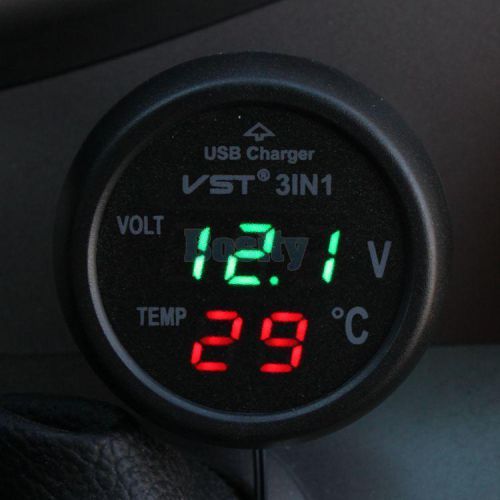 3in1 car 12v 24v green led digital voltmeter gauge, thermometer, usb car charger