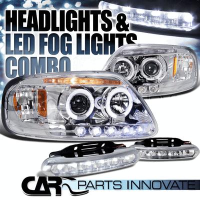 97-03 f-150 expedition chrome dual halo projector headlights+6-led fog lamps