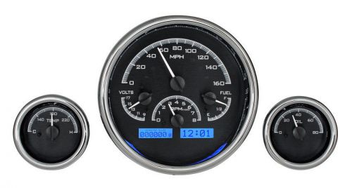 Universal 3 triple round analog dash gauges black alloy / blue display vhx-1013