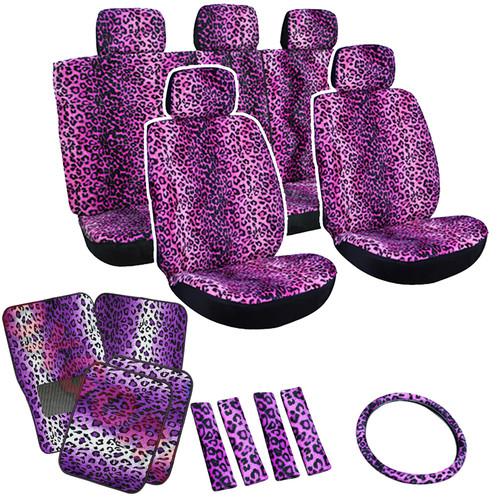 15pc set seat cover purple leopard cheetah animal floor mat+wheel+belt+head-pads