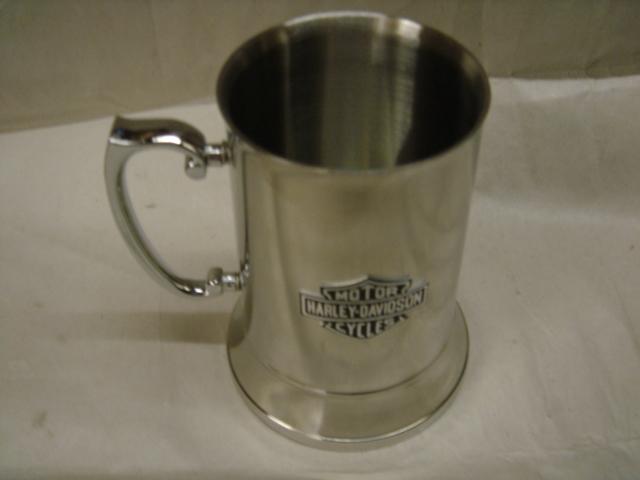Harley davidson metal emblem oem 99352-82z attached to stainless steel beer mug