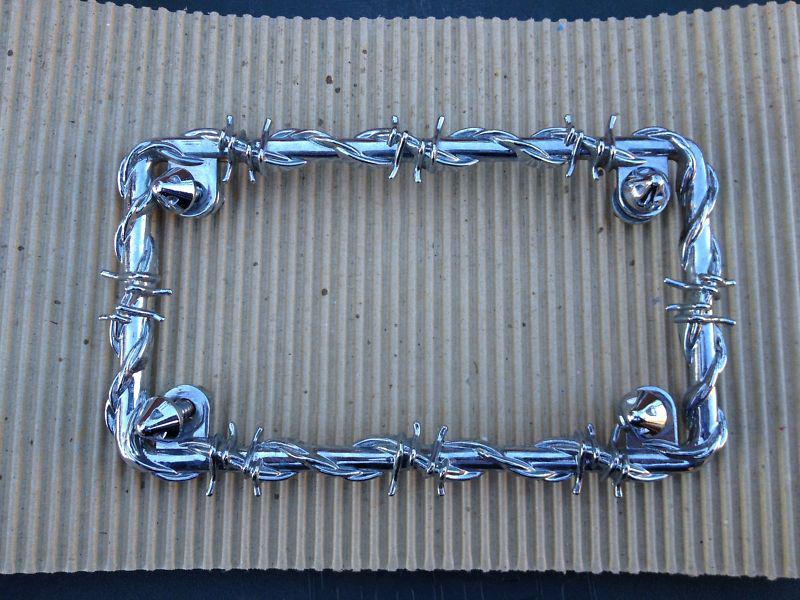 Motorcycle license plate frame holder border chrome barbed wire