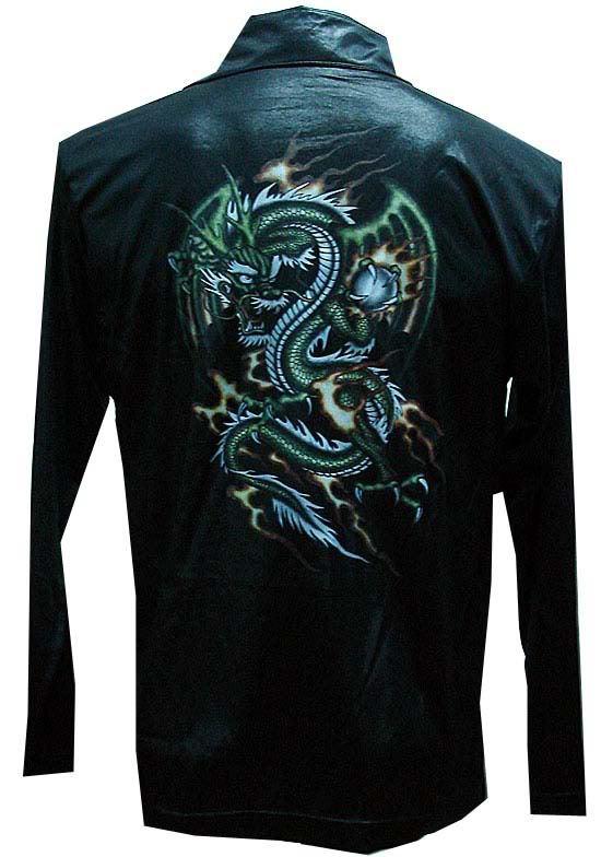 Chinese kung fu yakuza green dragon ball fire tattoo biker shirt jacket sz 3xl