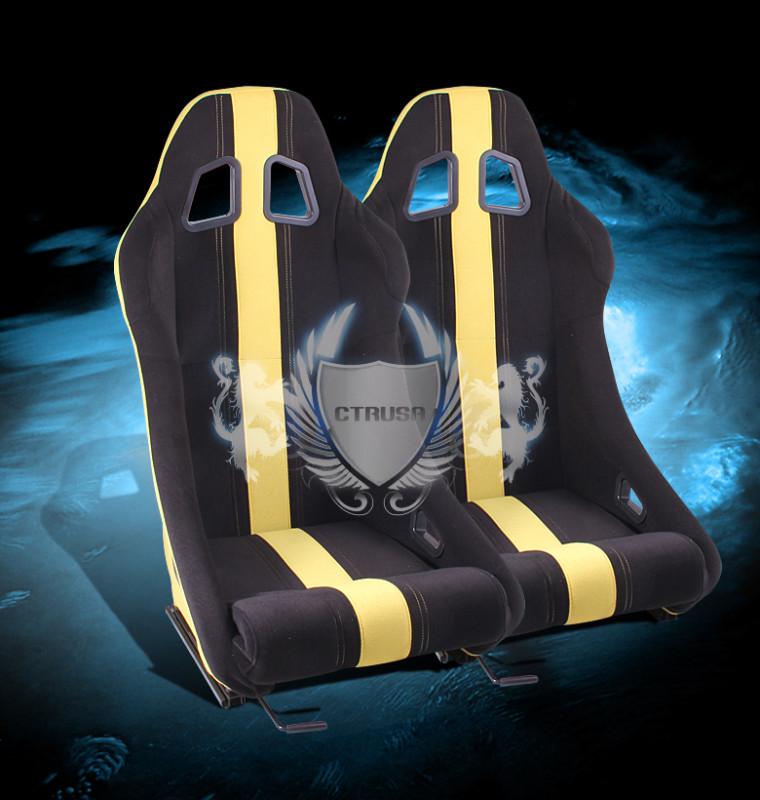 2x black/yellow stripe type-r racing bucket seat fabric driver/passenger pair