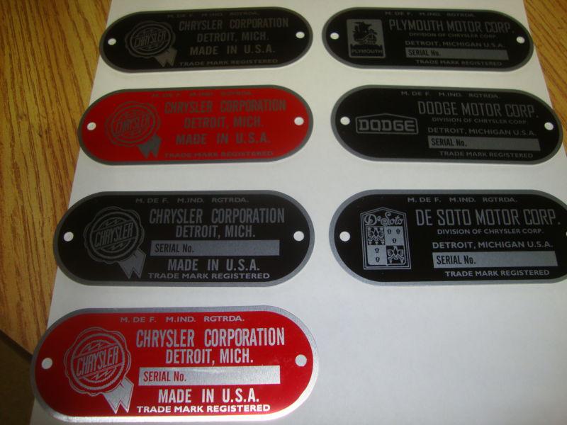 Serial plates f/chrysler, desoto, dodge, plymouth
