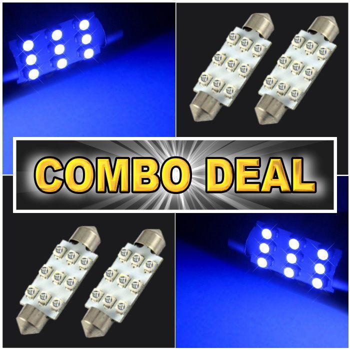 4x blue led lights for dome + map 1.72" 42mm combo package deal #9