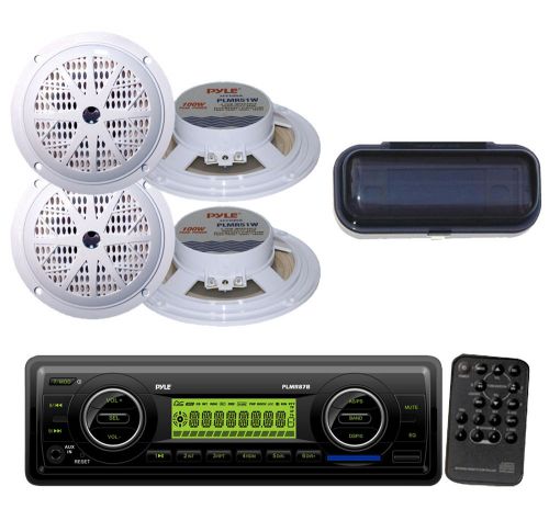 Plmr87wb marine boat sd usb aux 200w stereo+ 4x 5.25&#034; boat speakers+ radio cover