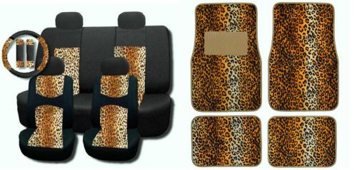 New tan leopard mesh 15pc full set car seat covers and floor mats