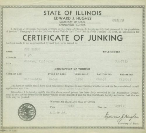 Rare 1930 oldsmobile sedan original state issued junking certificate 36689