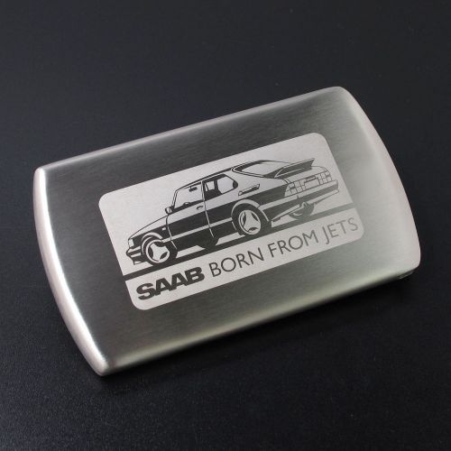 Saab &#034;born from jets&#034; stainless steel &#034;push&#034; name card case laser engraving mint