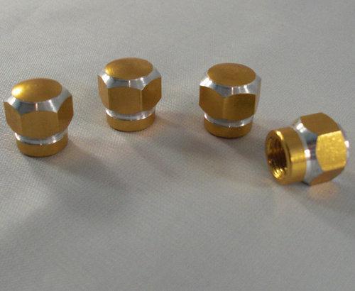 4 gold billet aluminum "hex acorn" valve stem caps for car truck suv atv rims