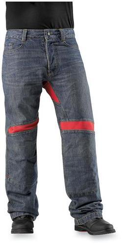 Icon victory dark-wash blue/red riding pants. 28 x 32