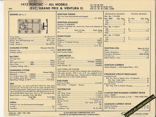 1973 pontiac all models 400 ci / 170-180 hp engine car sun electronic spec sheet