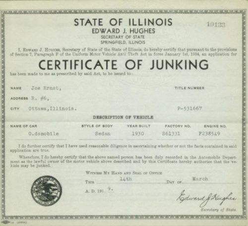 Rare 1930 oldsmobile sedan certificate of junking original state issued document