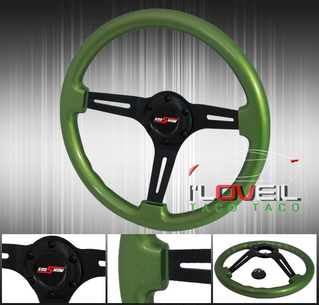 345mm green wood grain black center steering wheel + jdm god snow button horn 