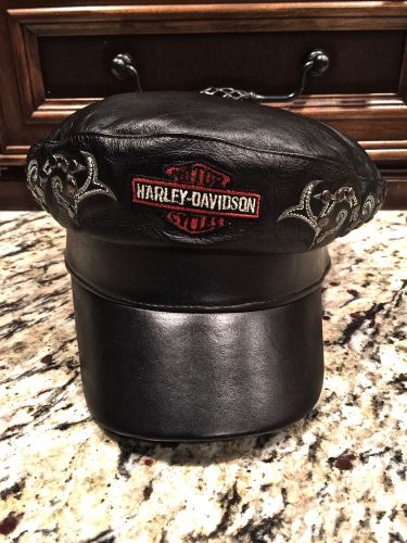 Harley-davidson authentic black leather captains motorcycle cap hat logo size l