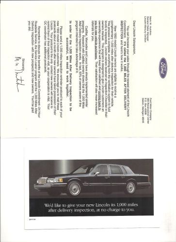 1992 lincoln town car post card &amp; letter 1,000 mile delivery inspection &#034;nos&#034;