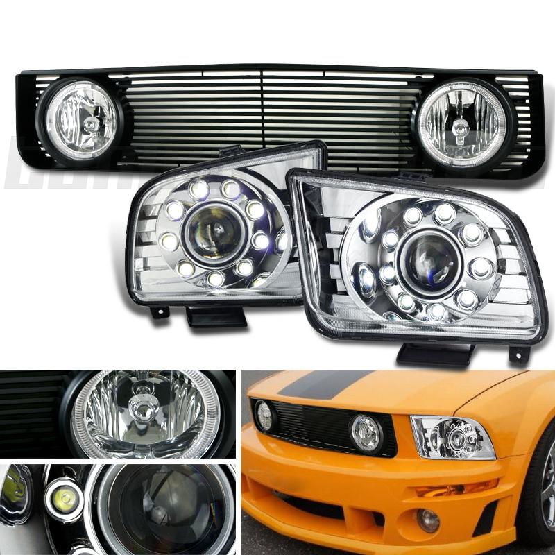 Ford 05-09 mustang chrome projector headlights led fog lamp black upper grille