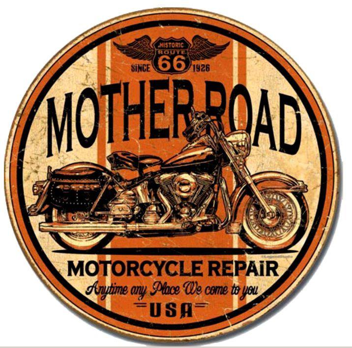 Vintage style route 66 mother road 11 3/4" rusty round sign motorcycle repair