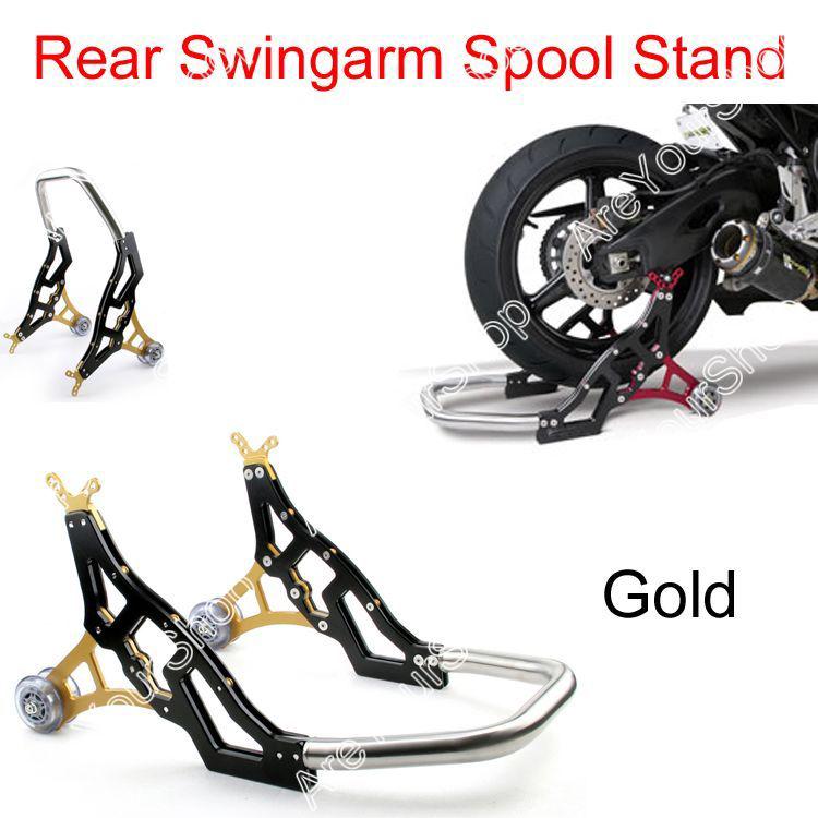 Universal racing motorcycle rear swingarm spool lift stand swing arm gold
