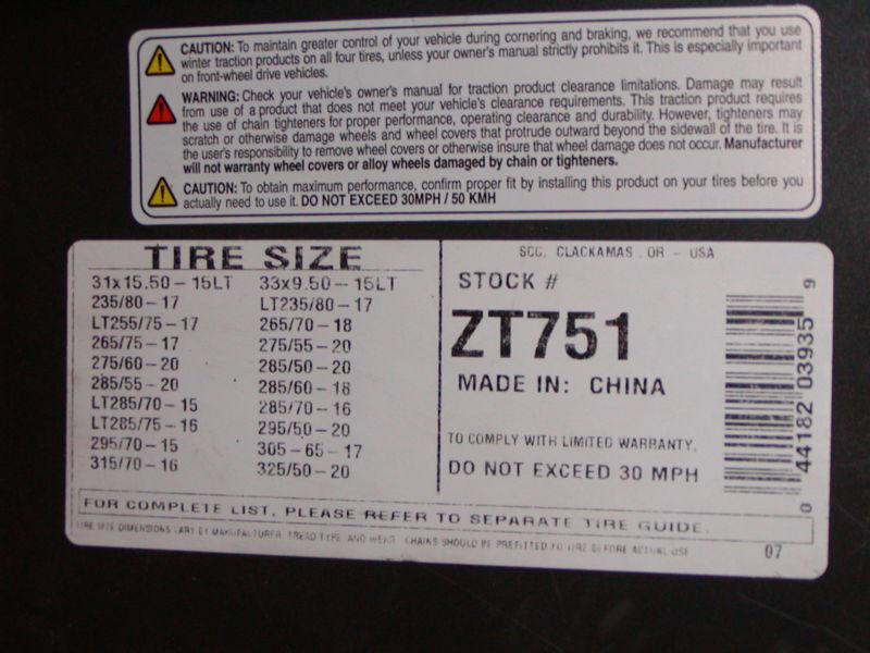 Super Z Tire Chain Size Chart