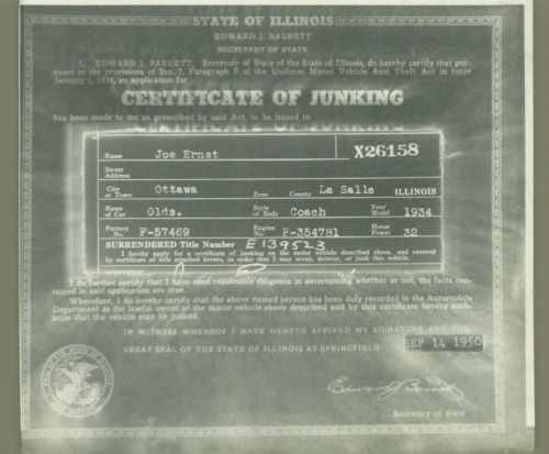 Rare 1934 oldsmobile coach certificate of junking state issued document
