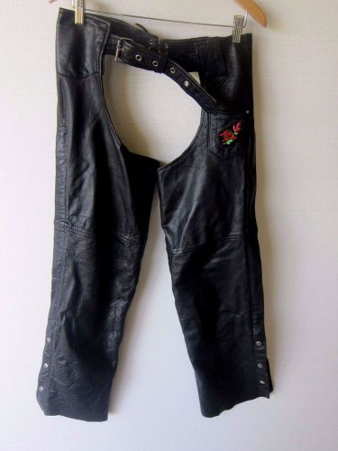Vintage new age black leather motorcycle chaps with lady harley patch size med
