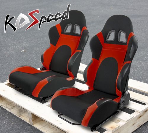X2 reclinable black/red cloth woven upholstery bucket racing seats+sliders/rails