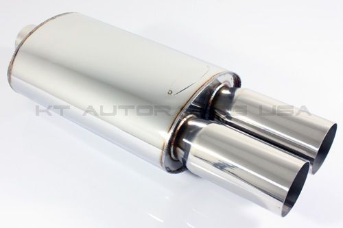 T304 stainless steel polish chrome 2.5&#034; inlet muffler exhaust/3&#034; dual round tip